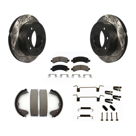 Rear Disc Drilled & Slotted Rotors Ceramic Pads Parking Brake Shoes And Hardware Kit For KDC-101624