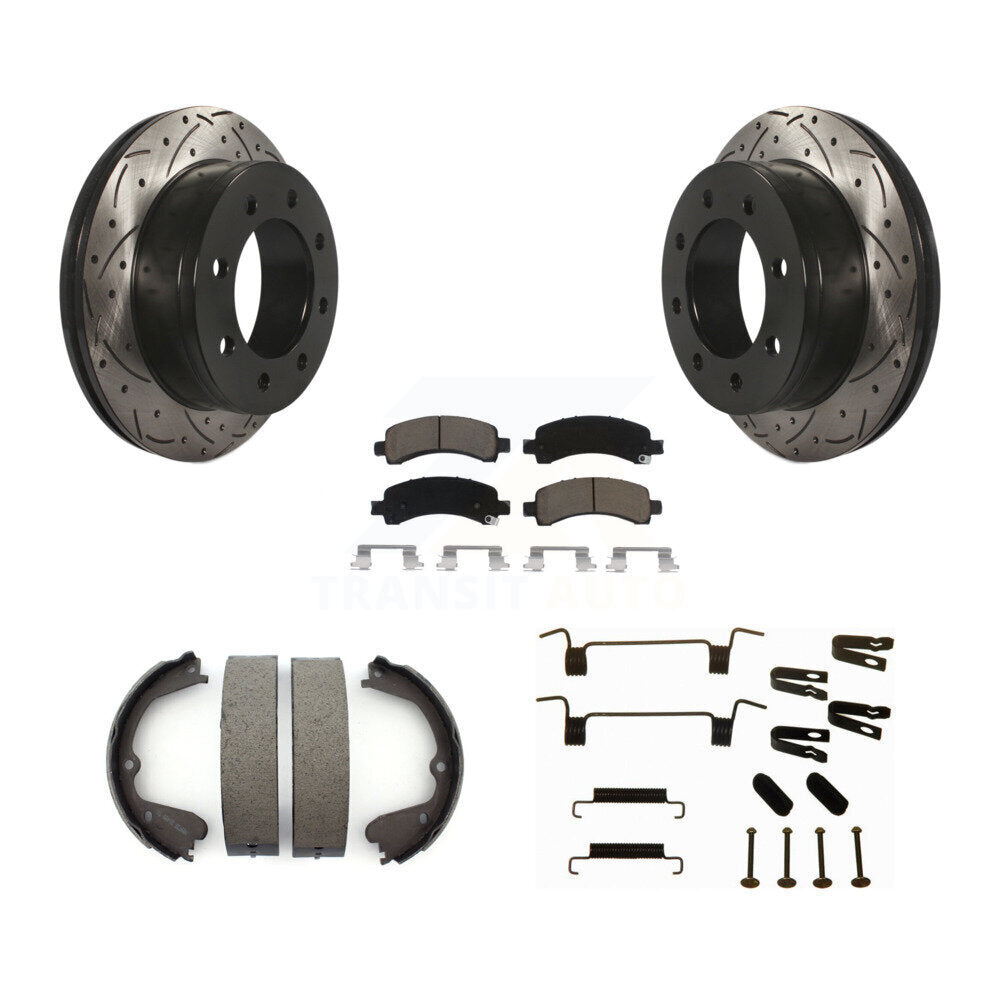 Rear Disc Drilled & Slotted Rotors Ceramic Pads Parking Brake Shoes And Hardware Kit For KDC-101625