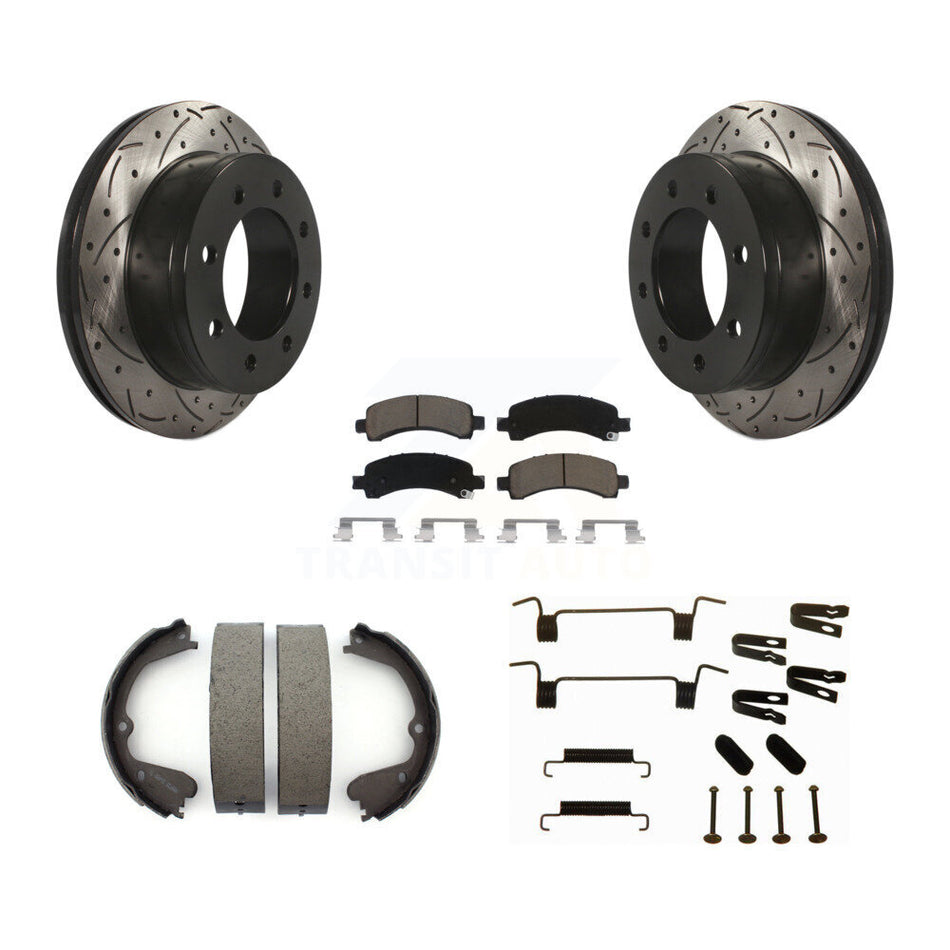 Rear Disc Drilled & Slotted Rotors Ceramic Pads Parking Brake Shoes And Hardware Kit For KDC-101625