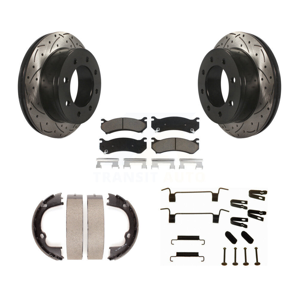 Rear Disc Drilled & Slotted Rotors Ceramic Pads Parking Shoes Hardware Kit For Chevrolet KDC-101626