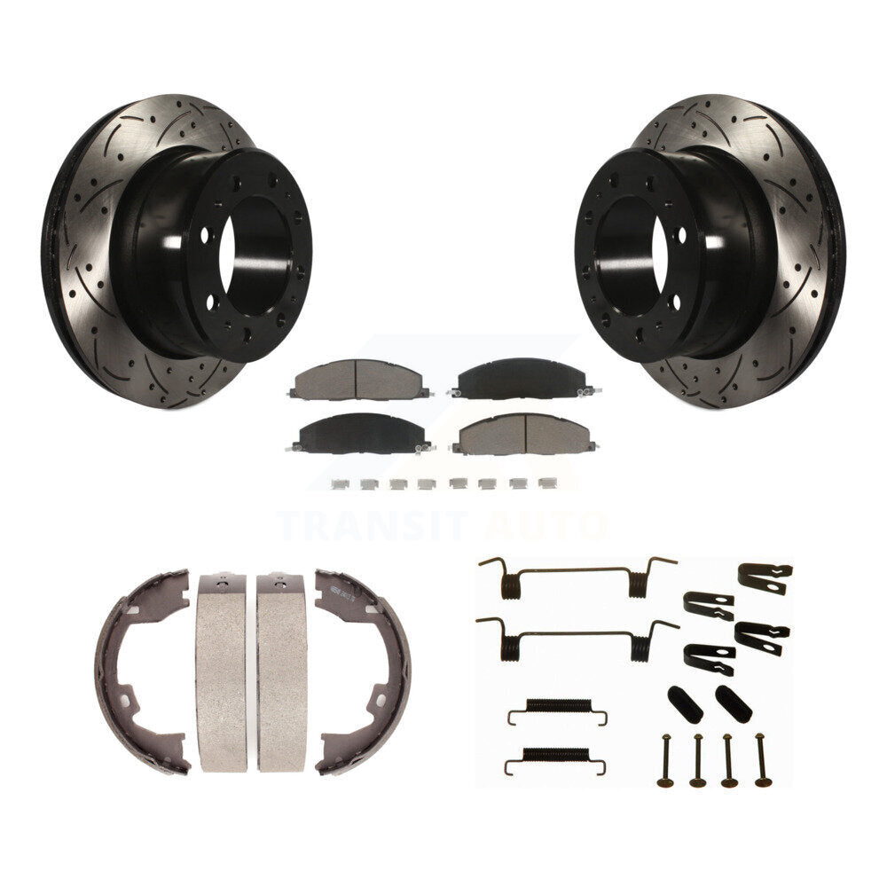 Rear Disc Drilled & Slotted Rotors Ceramic Pads Parking Shoes Hardware Kit For Ram 3500 KDC-101628