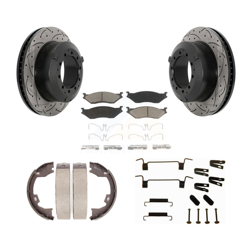 Rear Disc Drilled & Slotted Rotors Ceramic Pads Parking Shoes Hardware Kit For Ford F-450 KDC-101630