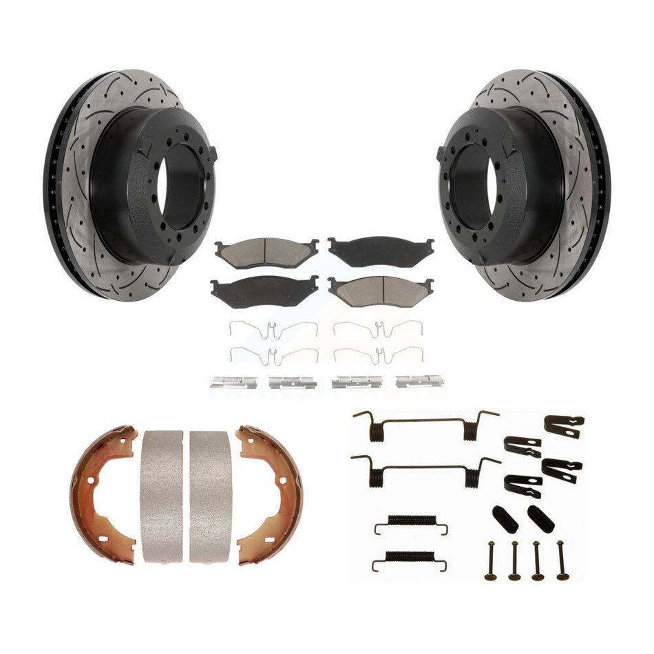 Rear Disc Drilled & Slotted Rotors Ceramic Pads Parking Brake Shoes And Hardware Kit For KDC-101631