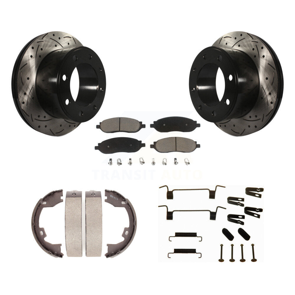 Rear Disc Drilled & Slotted Rotors Ceramic Pads Parking Shoes Hardware Kit For Ford F-350 KDC-101632