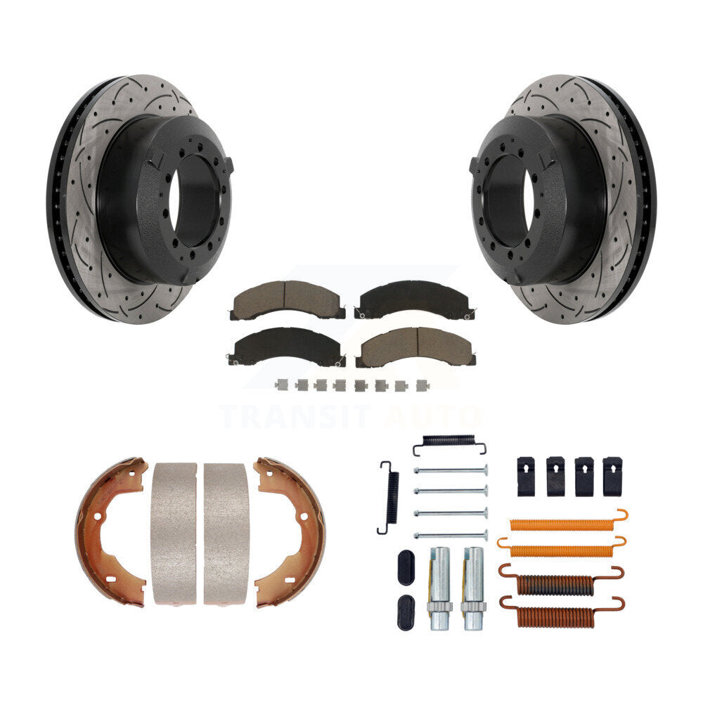 Rear Disc Drilled & Slotted Rotors Ceramic Pads Parking Shoes Hardware Kit For Ram Dodge KDC-101635