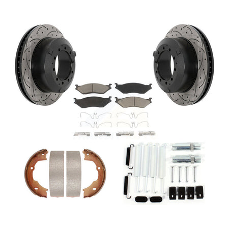Rear Disc Drilled & Slotted Rotors Ceramic Pads Parking Brake Shoes And Hardware Kit For KDC-101636