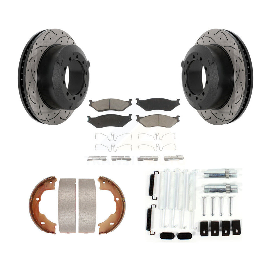 Rear Disc Drilled & Slotted Rotors Ceramic Pads Parking Brake Shoes And Hardware Kit For KDC-101636
