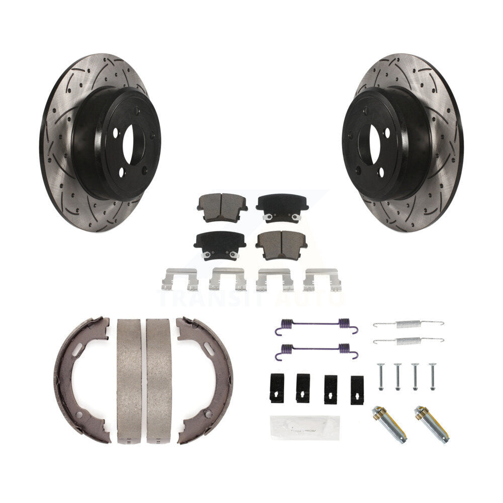Rear Disc Drilled & Slotted Rotors Ceramic Pads Parking Shoes Hardware Kit For Dodge 300 KDC-101638