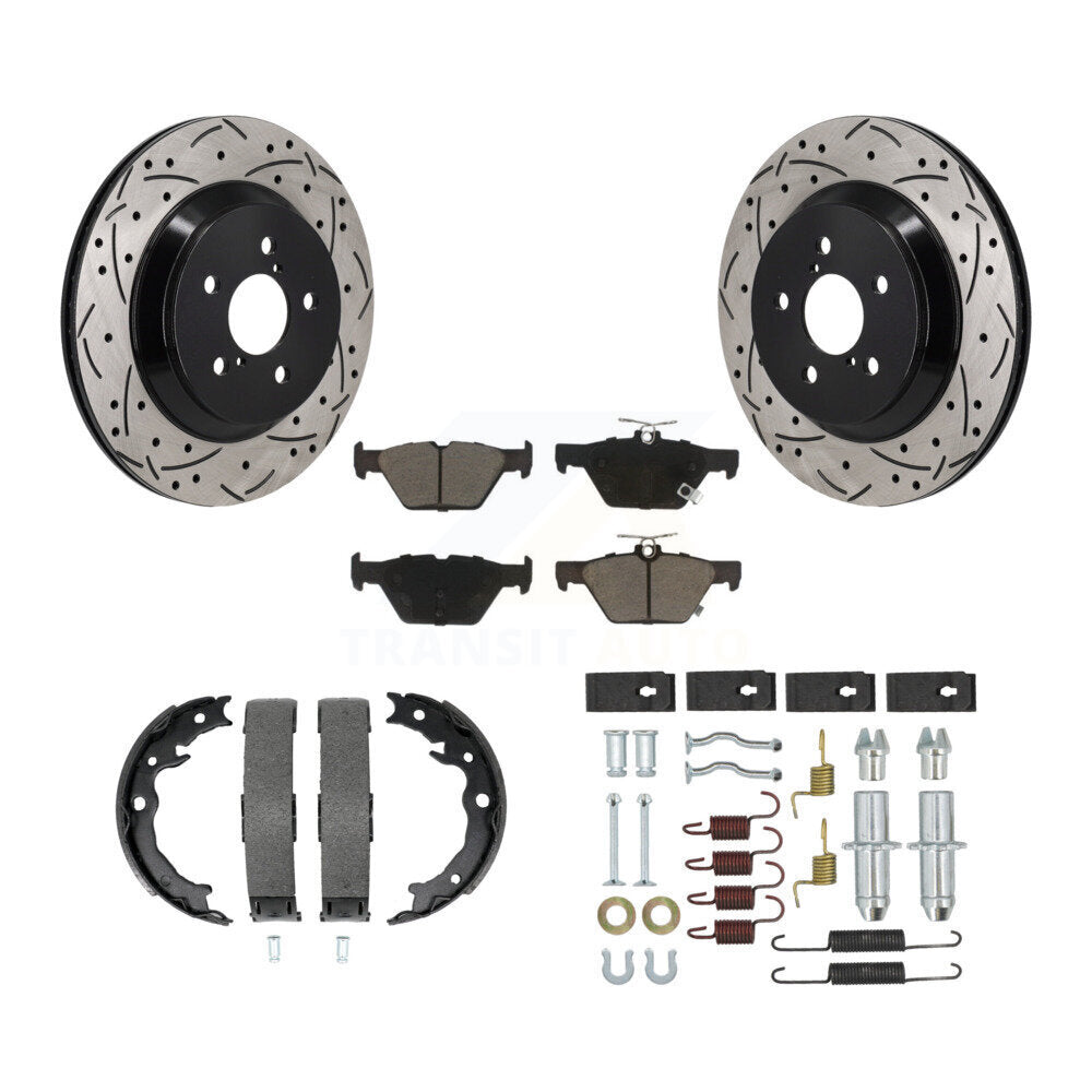 Rear Disc Drilled & Slotted Rotors Ceramic Pads Parking Brake Shoes And Hardware Kit For KDC-101645