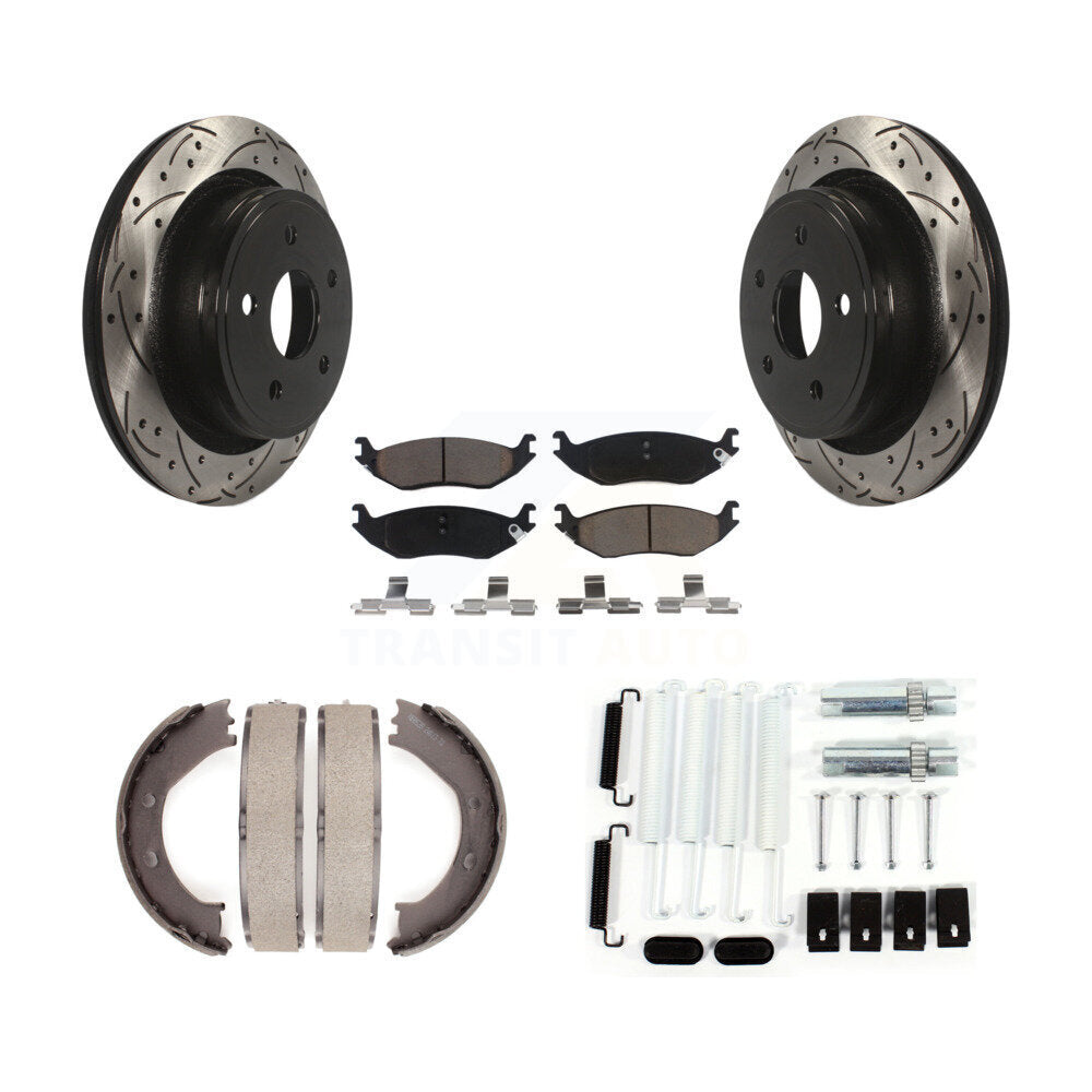 Rear Disc Drilled & Slotted Rotors Ceramic Pads Parking Brake Shoes And Hardware Kit For KDC-101646