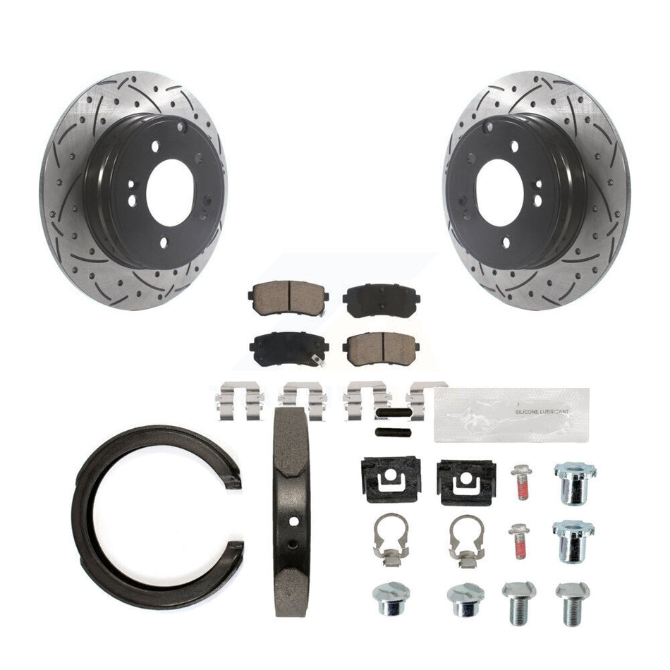 Rear Disc Drilled & Slotted Rotors Ceramic Pads Parking Shoes Hardware Kit For Kia Optima KDC-101650