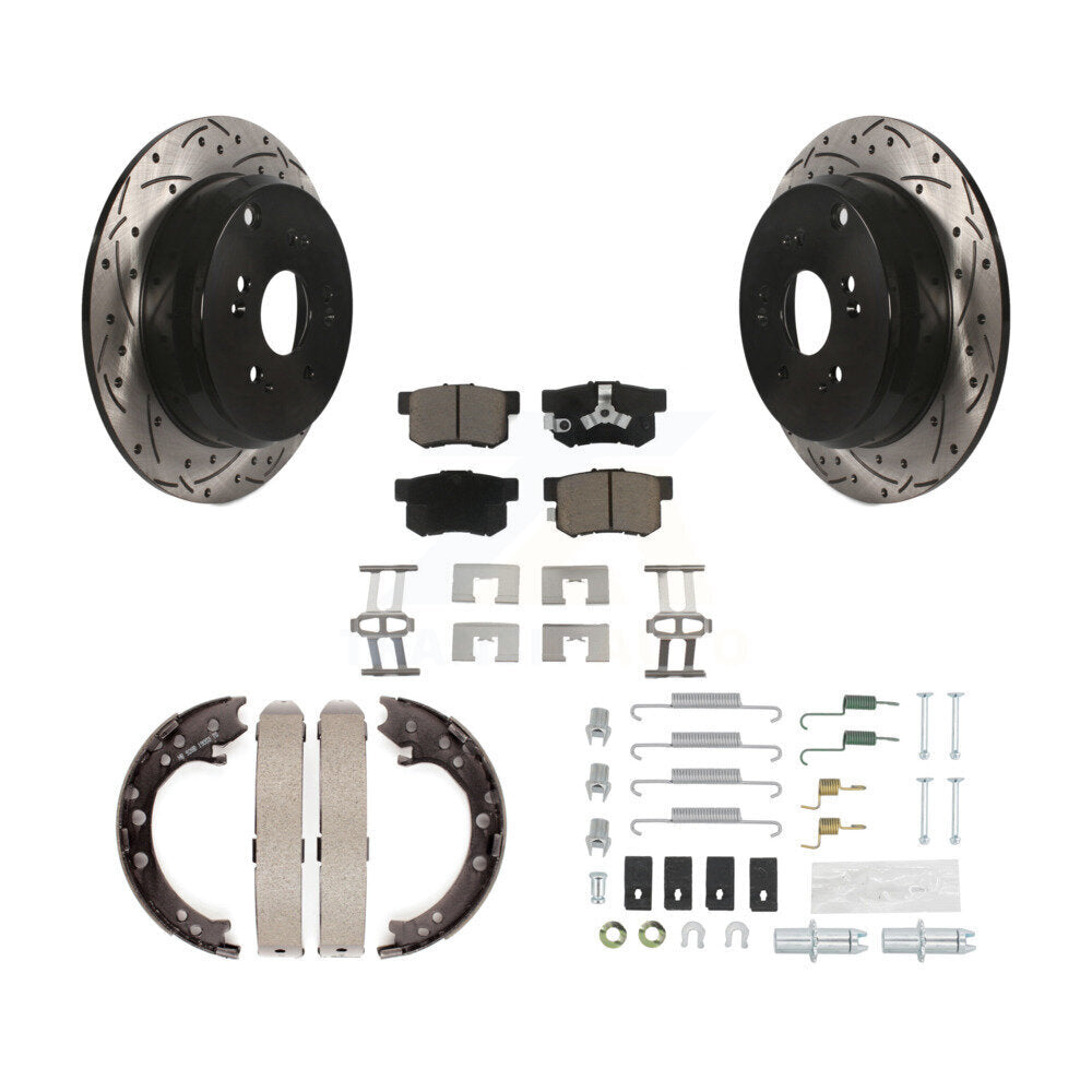 Rear Disc Drilled & Slotted Rotors Ceramic Pads Parking Shoes Hardware Kit For Honda CR-V KDC-101652