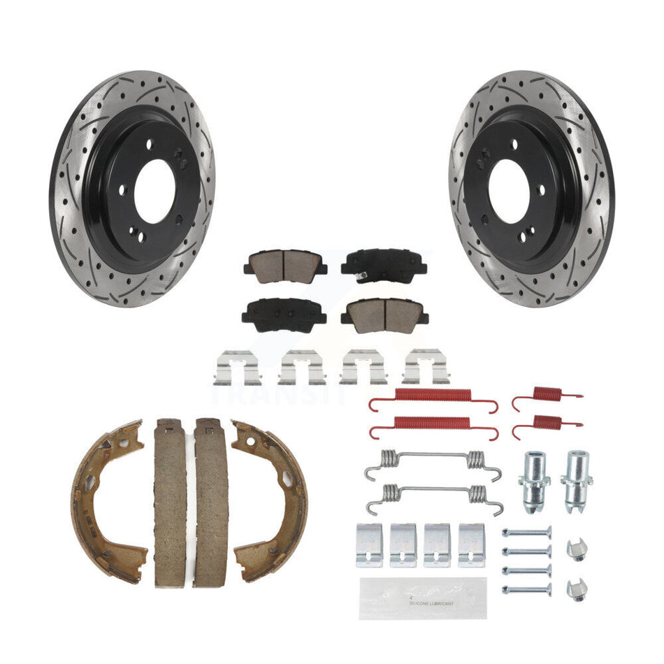 Rear Disc Drilled & Slotted Rotors Ceramic Pads Parking Shoes Hardware Kit For Kia Optima KDC-101653