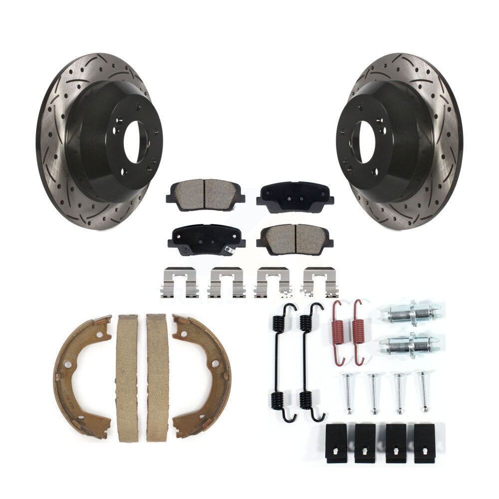 Rear Disc Drilled & Slotted Rotors Ceramic Pads Parking Shoes Hardware Kit For Hyundai Fe KDC-101654