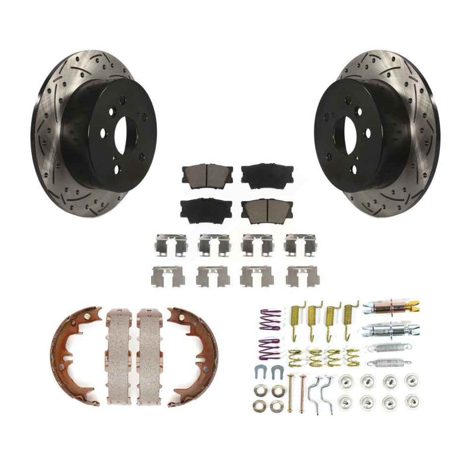Rear Disc Drilled & Slotted Rotors Ceramic Pads Parking Shoes And Hardware Kit For Toyota KDC-101655