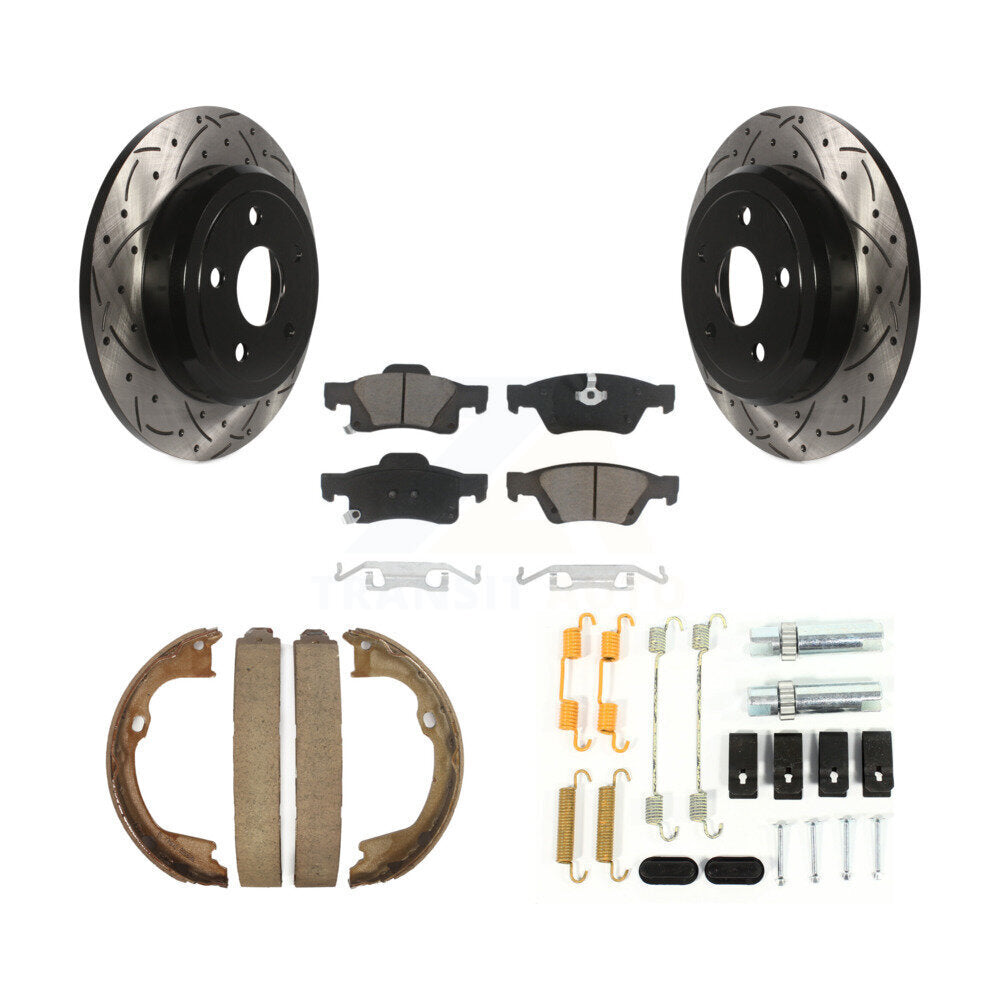 Rear Disc Drilled & Slotted Rotors Ceramic Pads Parking Shoes Hardware Kit For Dodge Jeep KDC-101657
