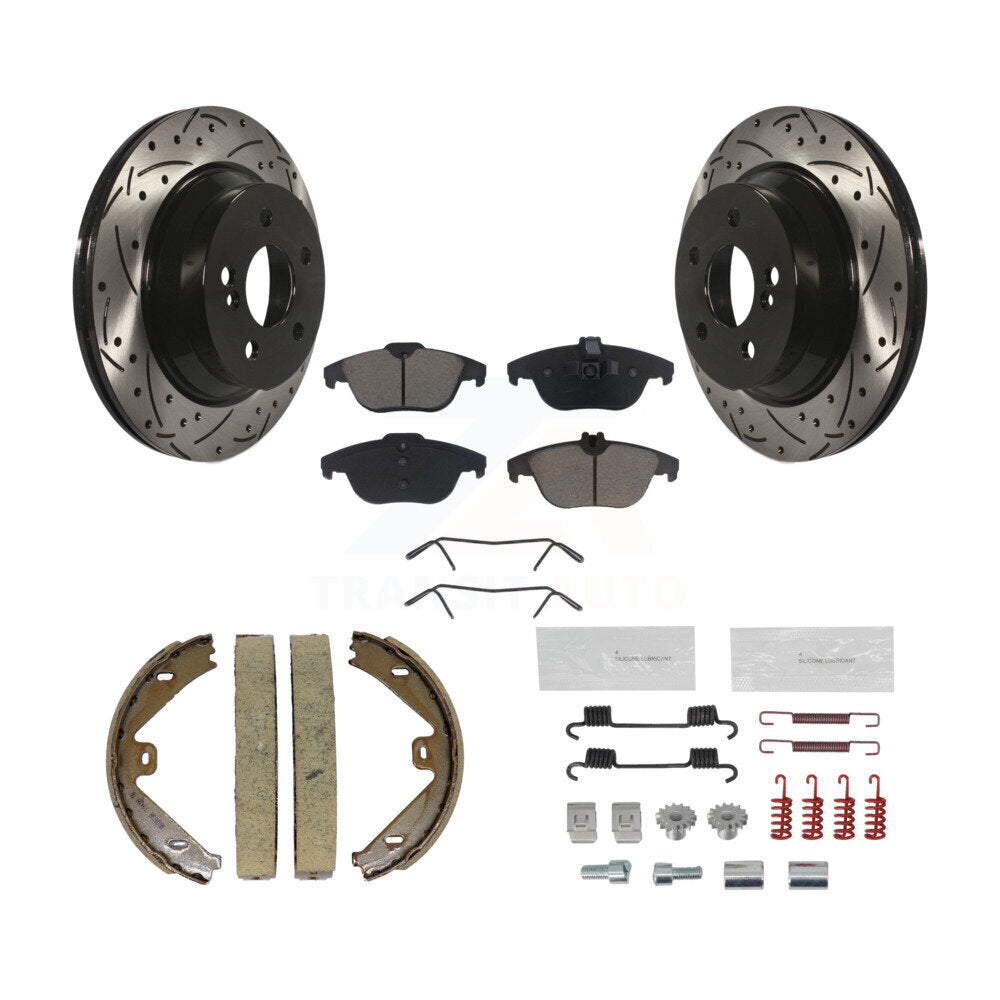 Rear Disc Drilled & Slotted Rotors Ceramic Pads Parking Shoes And Hardware Kit For GLK350 KDC-101662