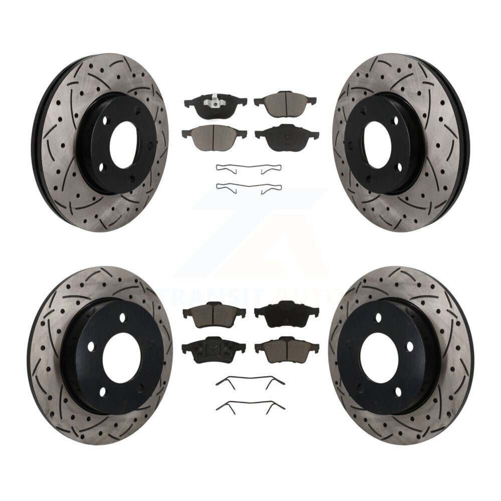 Front Rear Coated Drill Slot Disc Brake Rotors Ceramic Pad Kit For 2004-2005 Mazda 3 2.0L KDC-101677