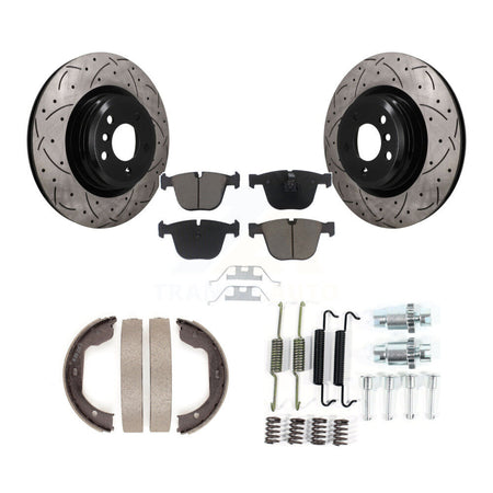Rear Disc Drilled & Slotted Rotors Ceramic Pads Parking Shoes Hardware Kit For BMW 750i 7 KDC-101905