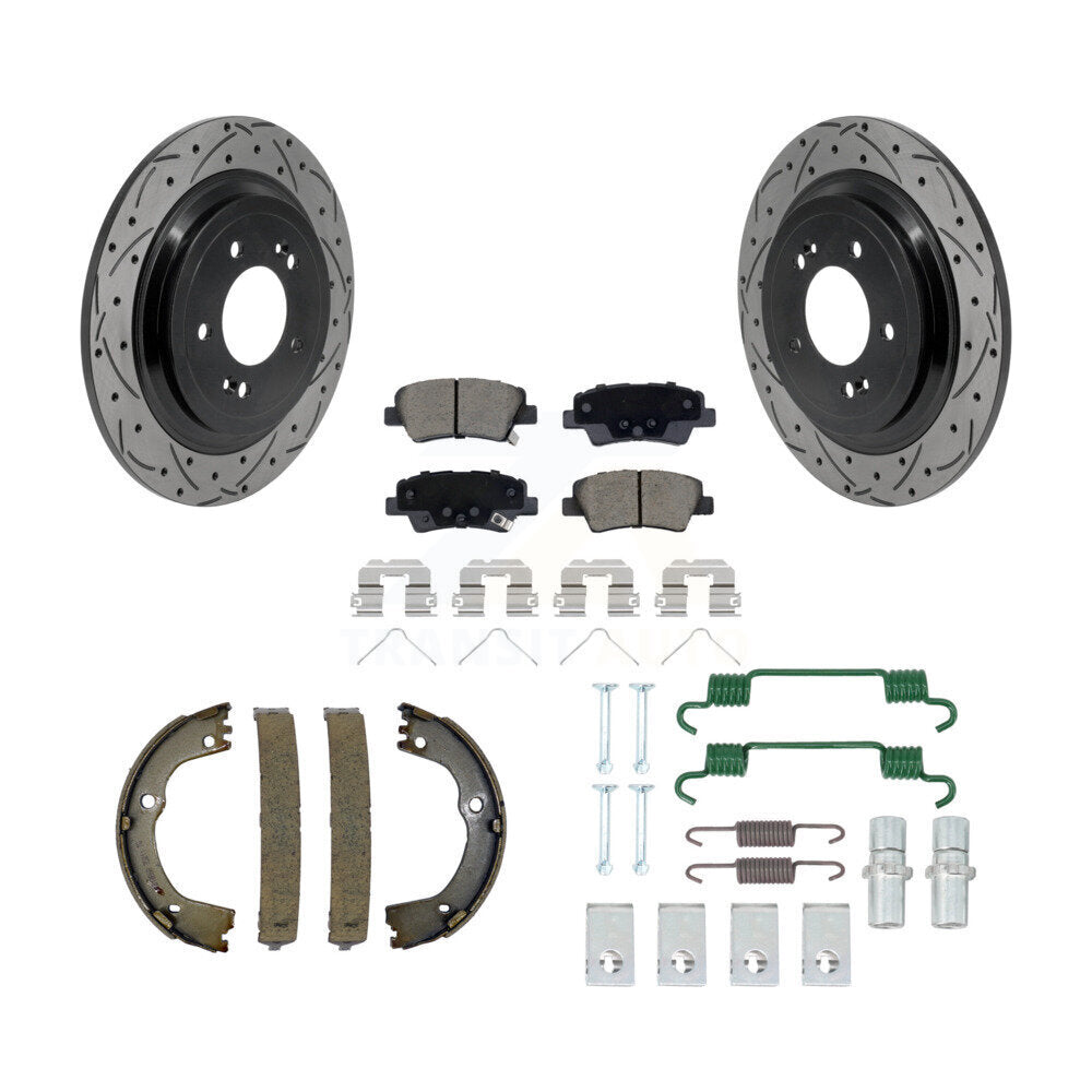 Rear Disc Drilled & Slotted Rotors Ceramic Pads Parking Brake Shoes And Hardware Kit For KDC-101906