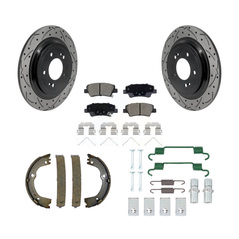 Rear Disc Drilled & Slotted Rotors Ceramic Pads Parking Brake Shoes And Hardware Kit For KDC-101906