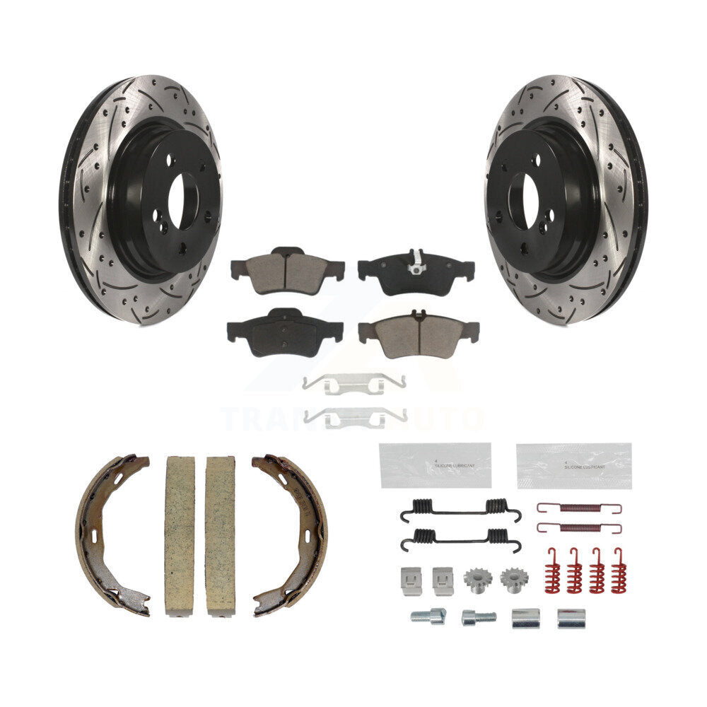 Rear Disc Drilled & Slotted Rotors Ceramic Pads Parking Brake Shoes And Hardware Kit For KDC-101907