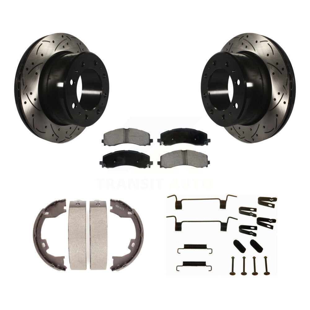 Rear Disc Drilled & Slotted Rotors Ceramic Pads Parking Shoes Hardware Kit For Ram 2500 KDC-101914