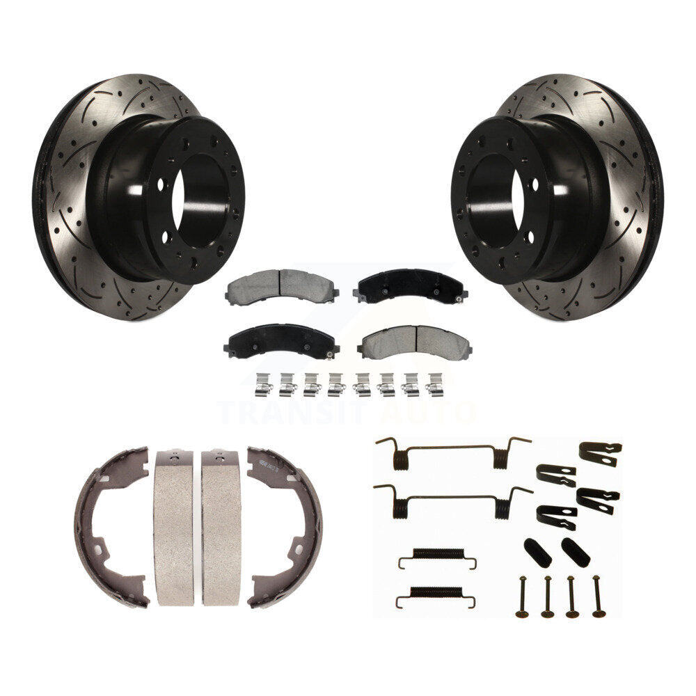Rear Disc Drilled & Slotted Rotors Ceramic Pads Parking Shoes Hardware Kit For Ram 3500 KDC-101915