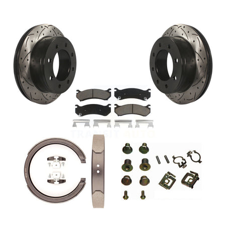 Rear Disc Drilled & Slotted Rotors Ceramic Pads Parking Brake Shoes And Hardware Kit For KDC-101918