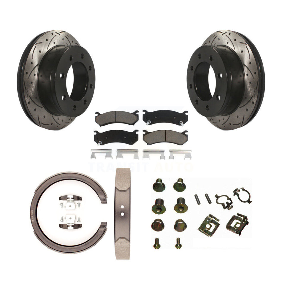 Rear Disc Drilled & Slotted Rotors Ceramic Pads Parking Brake Shoes And Hardware Kit For KDC-101918