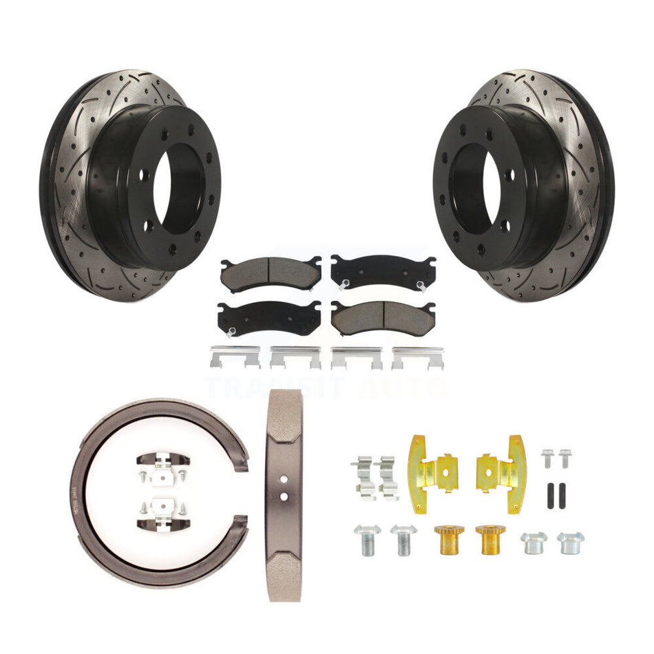 Rear Disc Drilled & Slotted Rotors Ceramic Pads Parking Brake Shoes And Hardware Kit For KDC-101919