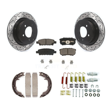 Rear Disc Drilled & Slotted Rotors Ceramic Pads Parking Brake Shoes Hardware Kit For Jeep KDC-101921