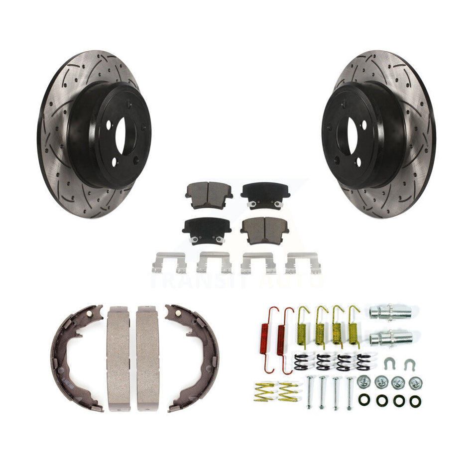 Rear Disc Drilled & Slotted Rotors Ceramic Pads Parking Brake Shoes And Hardware Kit For KDC-101922