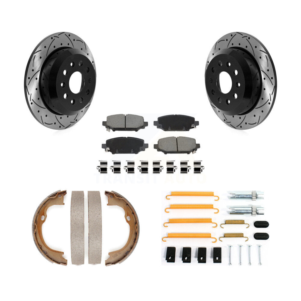 Rear Disc Drilled & Slotted Rotors Ceramic Pads Parking Brake Shoes And Hardware Kit For KDC-101923
