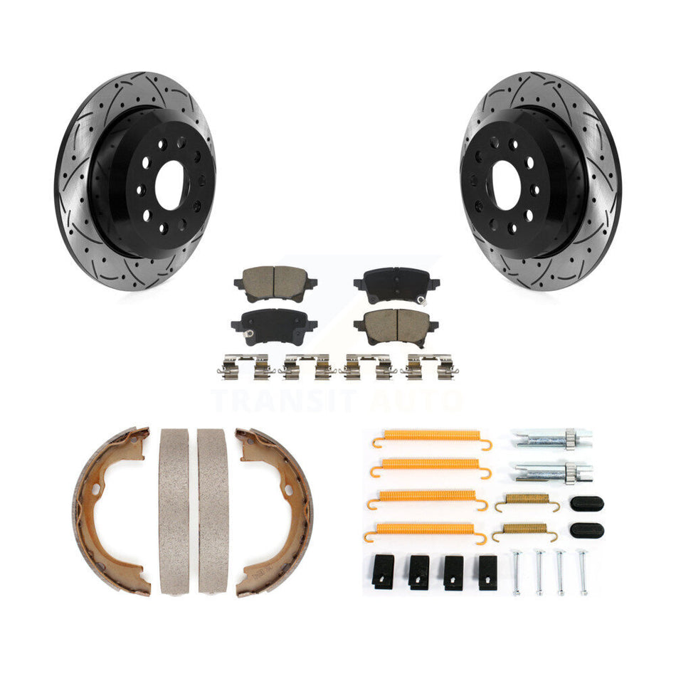 Rear Disc Drilled & Slotted Rotors Ceramic Pads Parking Brake Shoes And Hardware Kit For KDC-101925