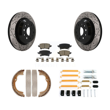 Rear Disc Drilled & Slotted Rotors Ceramic Pads Parking Brake Shoes And Hardware Kit For KDC-101926