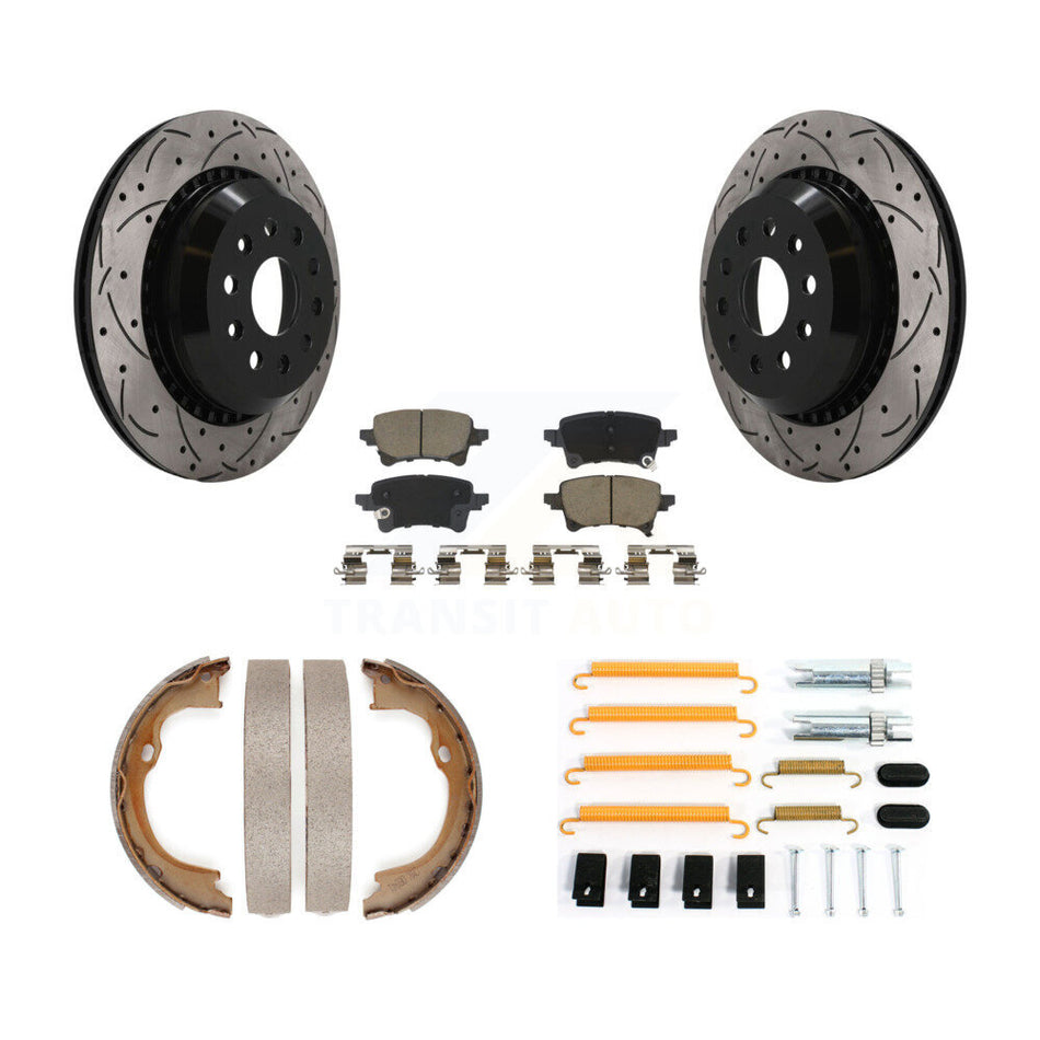 Rear Disc Drilled & Slotted Rotors Ceramic Pads Parking Brake Shoes And Hardware Kit For KDC-101926