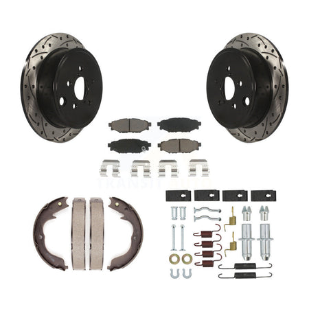 Rear Disc Drilled & Slotted Rotors Ceramic Pads Parking Brake Shoes And Hardware Kit For KDC-101927