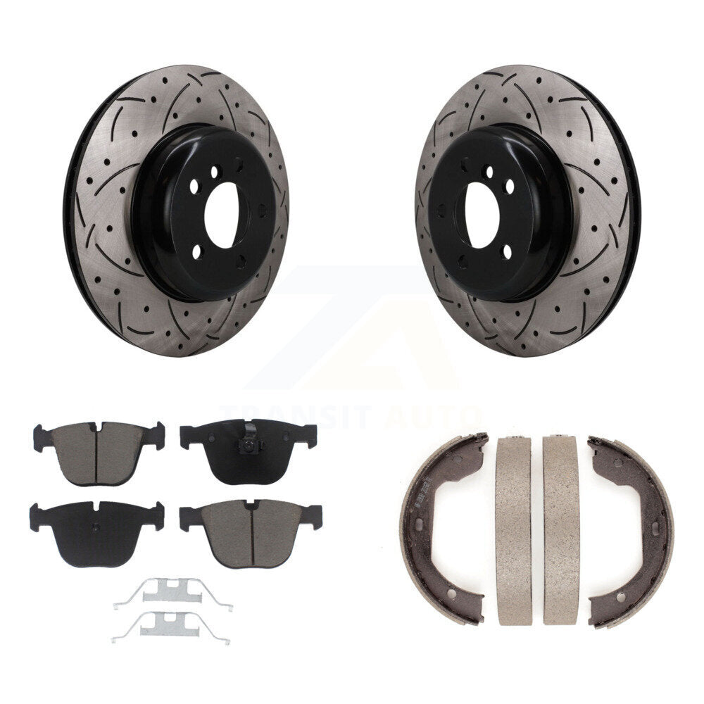 Rear Disc Drilled & Slotted Rotors Ceramic Pads Parking Shoes Kit For BMW 535i GT xDrive KDC-101933