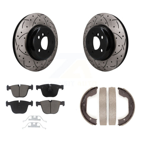 Rear Disc Drilled & Slotted Rotors Ceramic Pads Parking Shoes Kit For BMW 535i GT xDrive KDC-101933