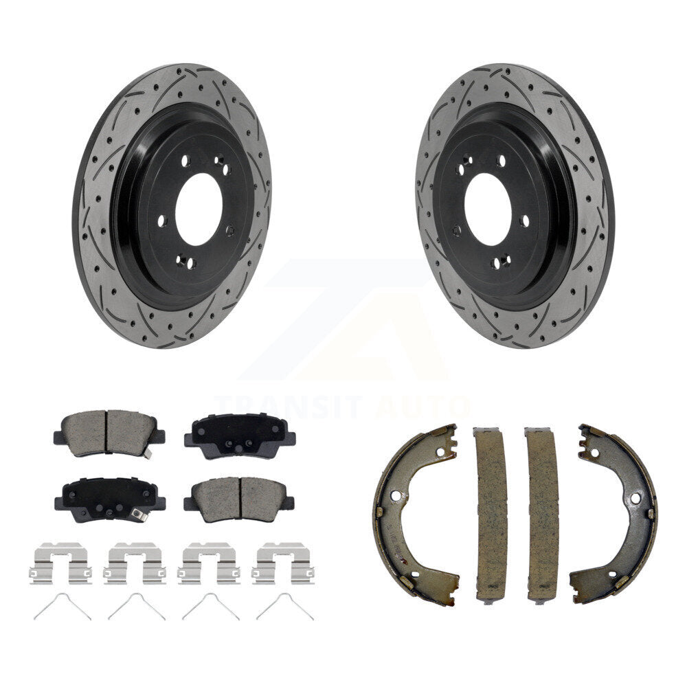 Rear Disc Drilled & Slotted Rotors Ceramic Pads Parking Shoes Kit For Kia Sportage Tucson KDC-101935