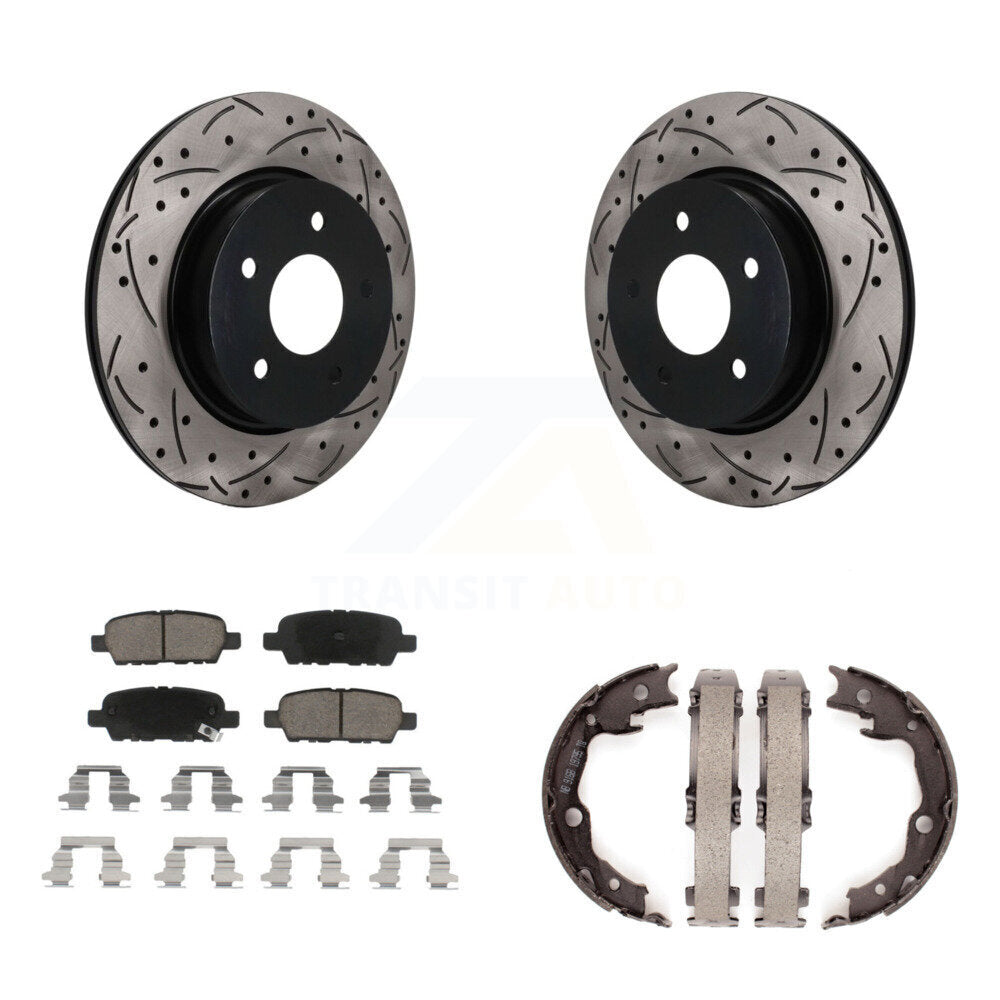 Rear Disc Drilled & Slotted Rotors Ceramic Pads Parking Brake Shoes Kit For Nissan LEAF KDC-101940