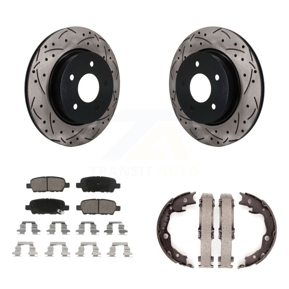 Rear Disc Drilled & Slotted Rotors Ceramic Pads Parking Brake Shoes Kit For Nissan LEAF KDC-101940