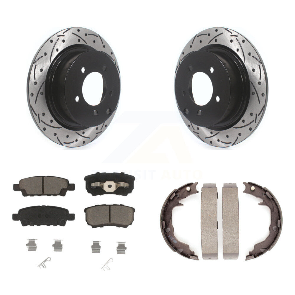 Rear Disc Drilled & Slotted Rotors Ceramic Pads Parking Brake Shoes Kit For Jeep Patriot KDC-101942