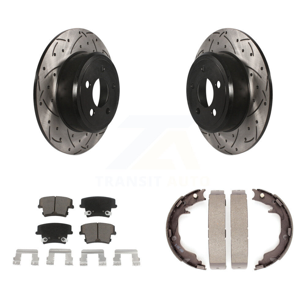 Rear Disc Drilled & Slotted Rotors Ceramic Pads Parking Brake Shoes Kit For Dodge Avenger KDC-101944