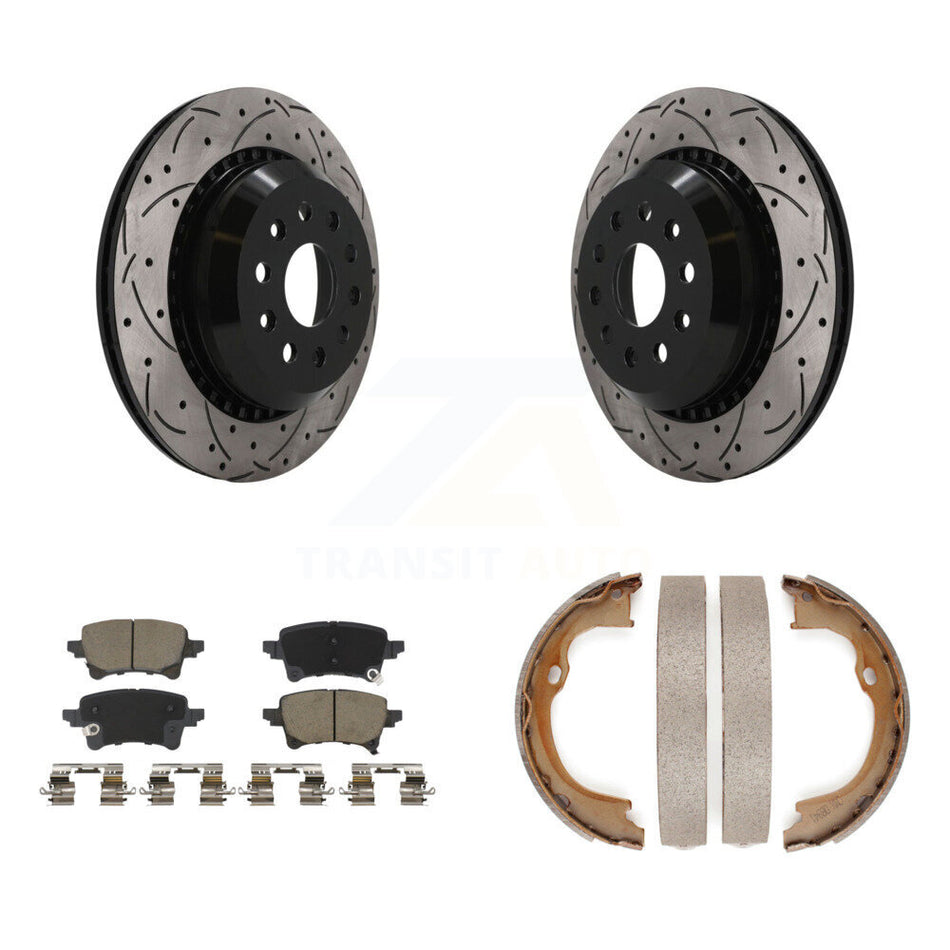 Rear Disc Drilled & Slotted Rotors Ceramic Pads Parking Brake Shoes Kit For Jeep Wrangler KDC-101945