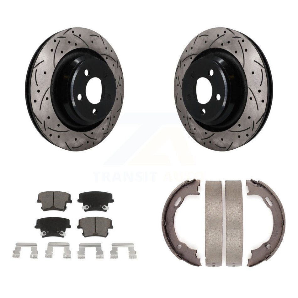 Rear Disc Drilled & Slotted Rotors Ceramic Pads Parking Brake Shoes Kit For Dodge Charger KDC-101947