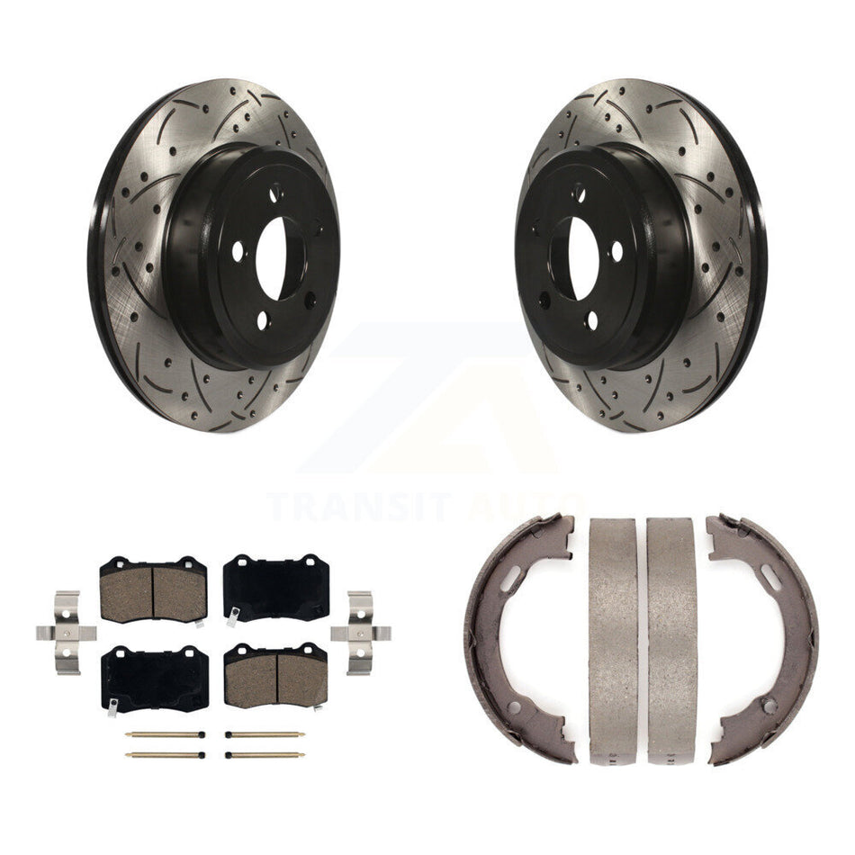 Rear Disc Drilled & Slotted Rotors Ceramic Pads Parking Brake Shoes Kit For Chrysler 300 KDC-101963
