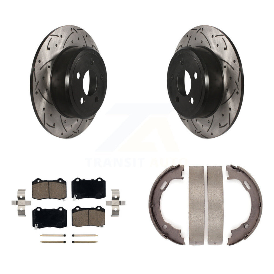 Rear Disc Drilled & Slotted Rotors Ceramic Pads Parking Brake Shoes Kit For Chrysler 300 KDC-101964
