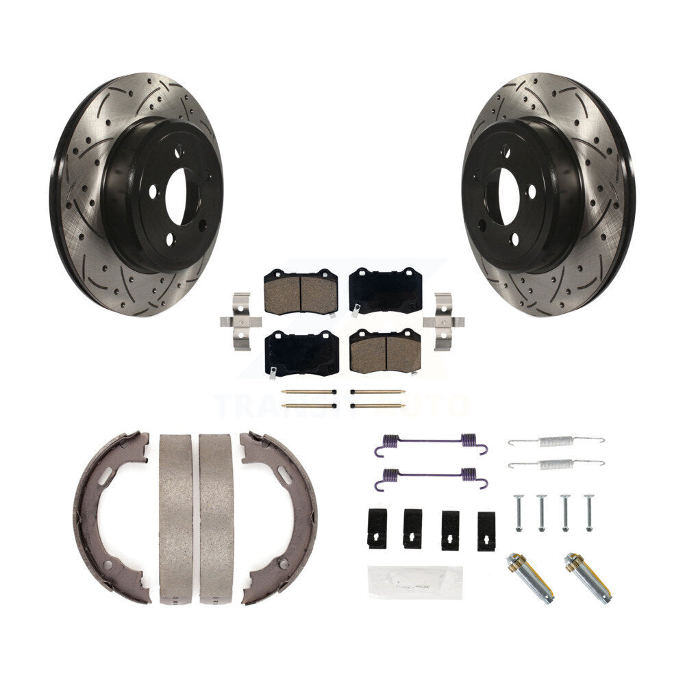 Rear Disc Drilled & Slotted Rotors Ceramic Pads Parking Brake Shoes And Hardware Kit For KDC-101965